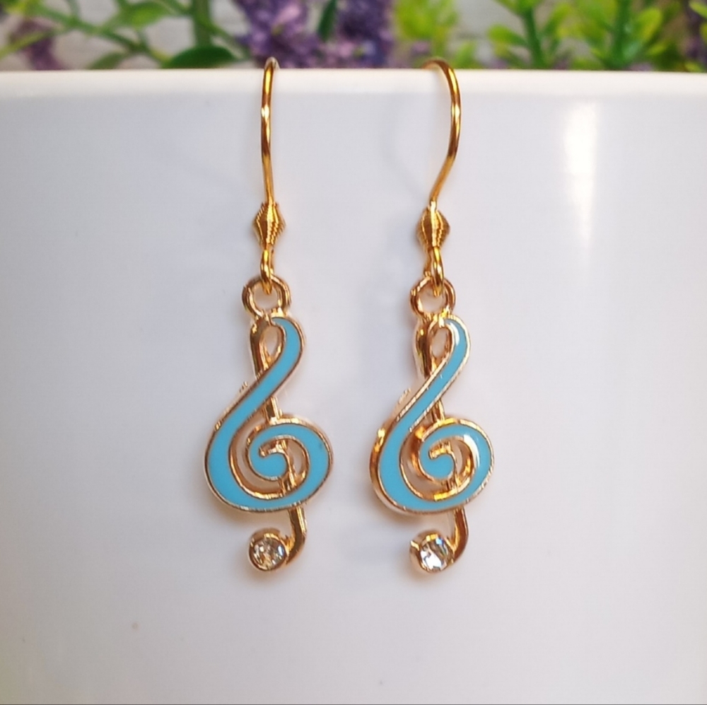 Blue Enamel Treble Clef Dangle Hook Earrings with Jewel